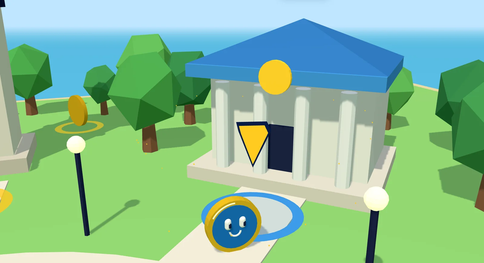 Penny, the coin character, standing in a glowing circle in front of the Savings Bank in the 3D town of Market Street